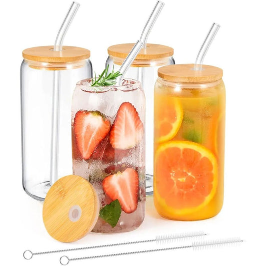 4pc Glass Can With Bamboo Lid And Straw Set