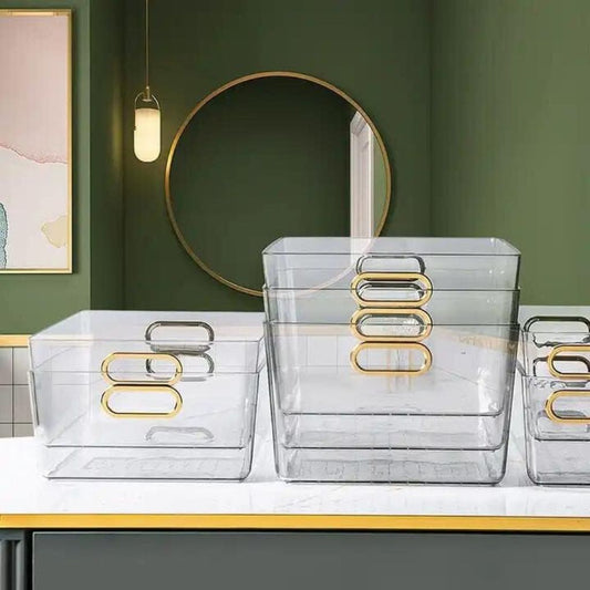 Multipurpose Clear Storage With Gold Handle